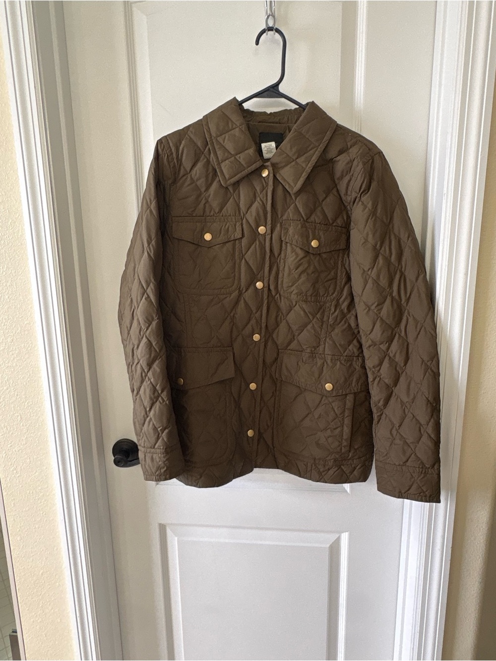 J.Crew Women L Quilted Down Jacket Green Utility Barn Coat Snap Front